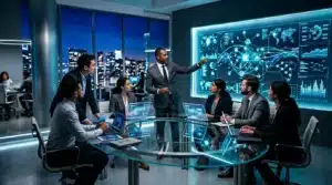 Équipe professionnels discutent autour table avec écrans numériques